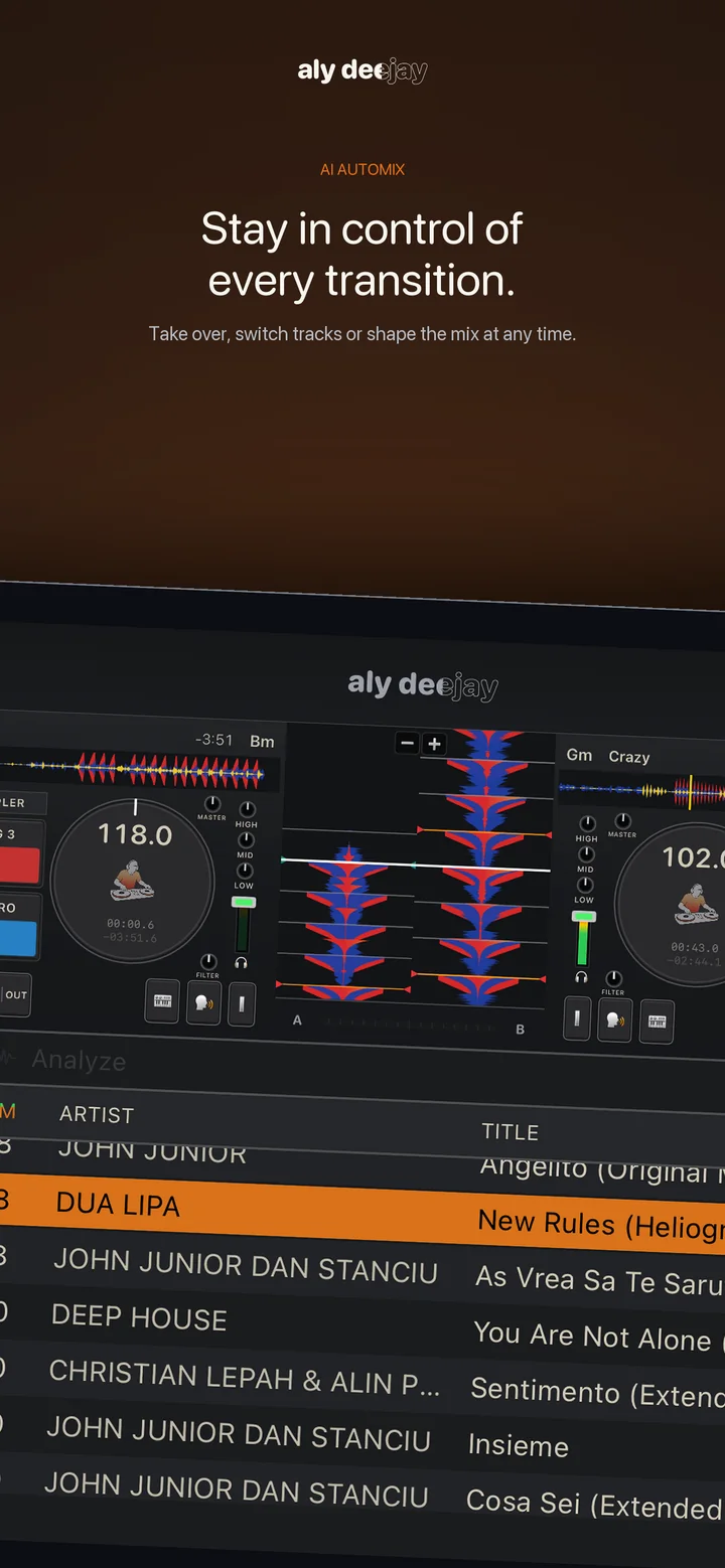AlyDeejay AI Automix controls on iPhone