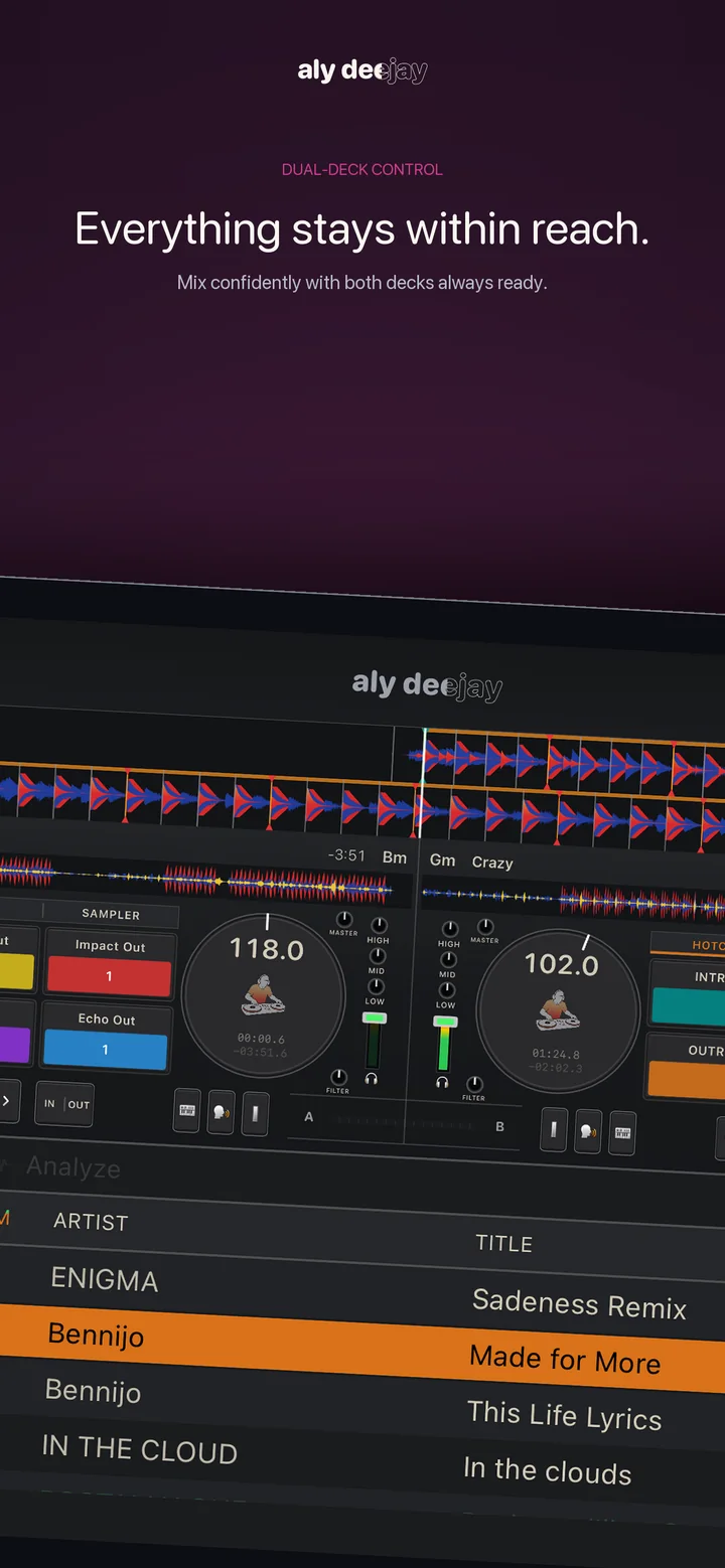 AlyDeejay dual-deck controls on iPhone