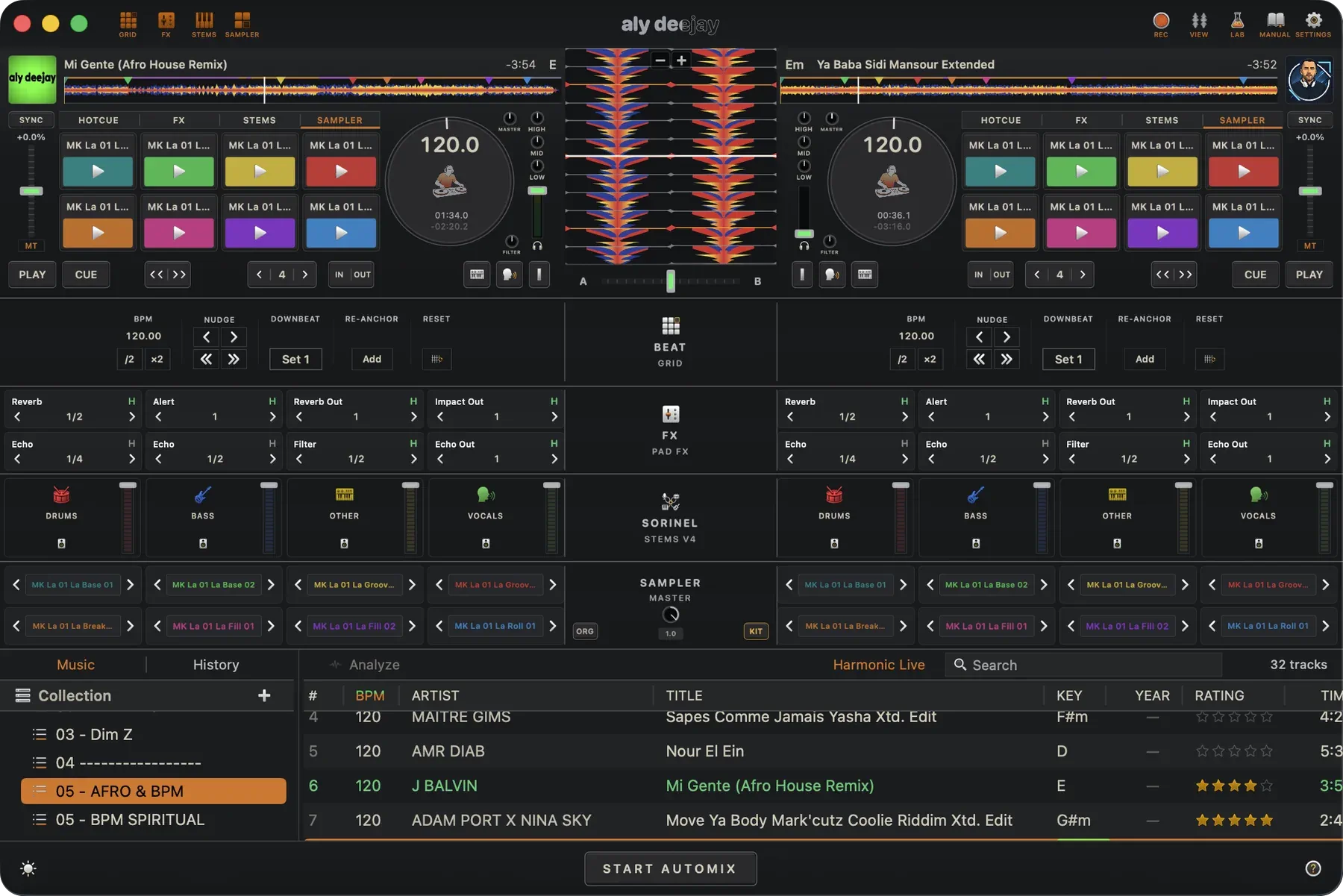 AlyDeejay beat, FX, stems and sampler panels on Mac