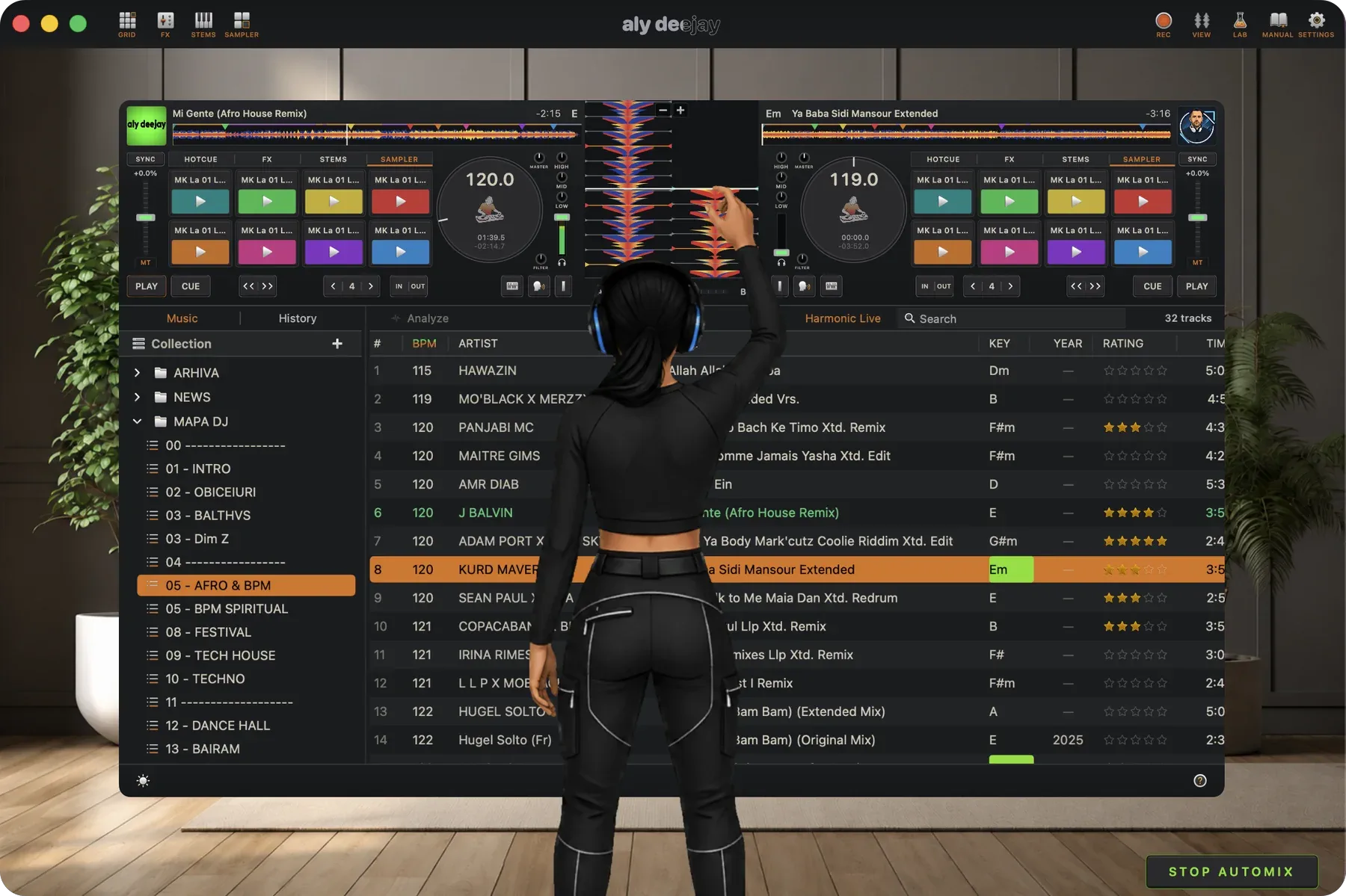 AlyDeejay AI Automix with vertical waveforms on Mac