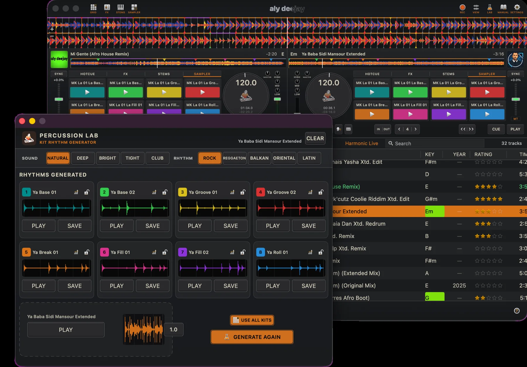 AlyDeejay Percussion Lab showing eight generated beat-synced rhythms from one imported percussion hit