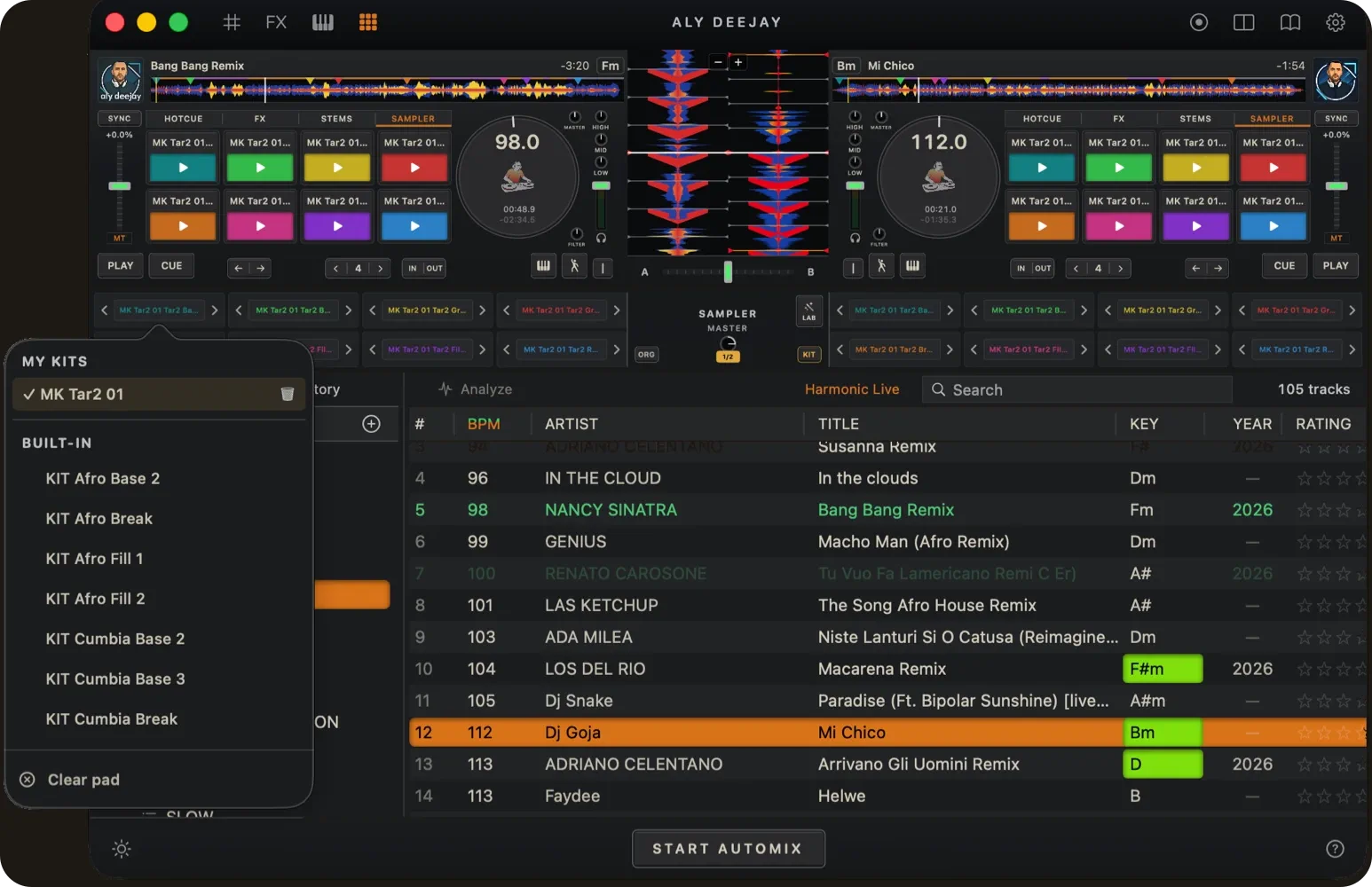 AlyDeejay sampler with a custom Percussion Lab kit loaded across eight color-coded performance pads